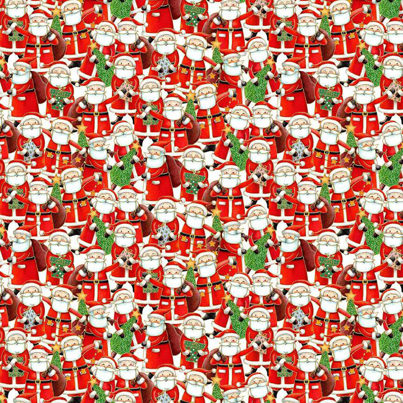 Cream Christmas fabric with rows of Santas in red suits, holding trees, gifts, and stars – from Makower’s Jolly St Nick collection