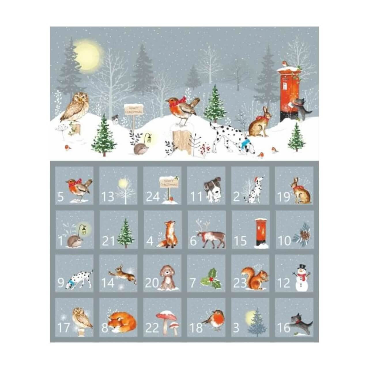 Completed Woodland Advent calendar fabric panel by Nutex with moonlit snow, red post box, and forest animals like foxes, robins, and deer Completed Woodland Advent calendar fabric panel by Nutex with moonlit snow, red post box, and forest animals like foxes, robins, and deer