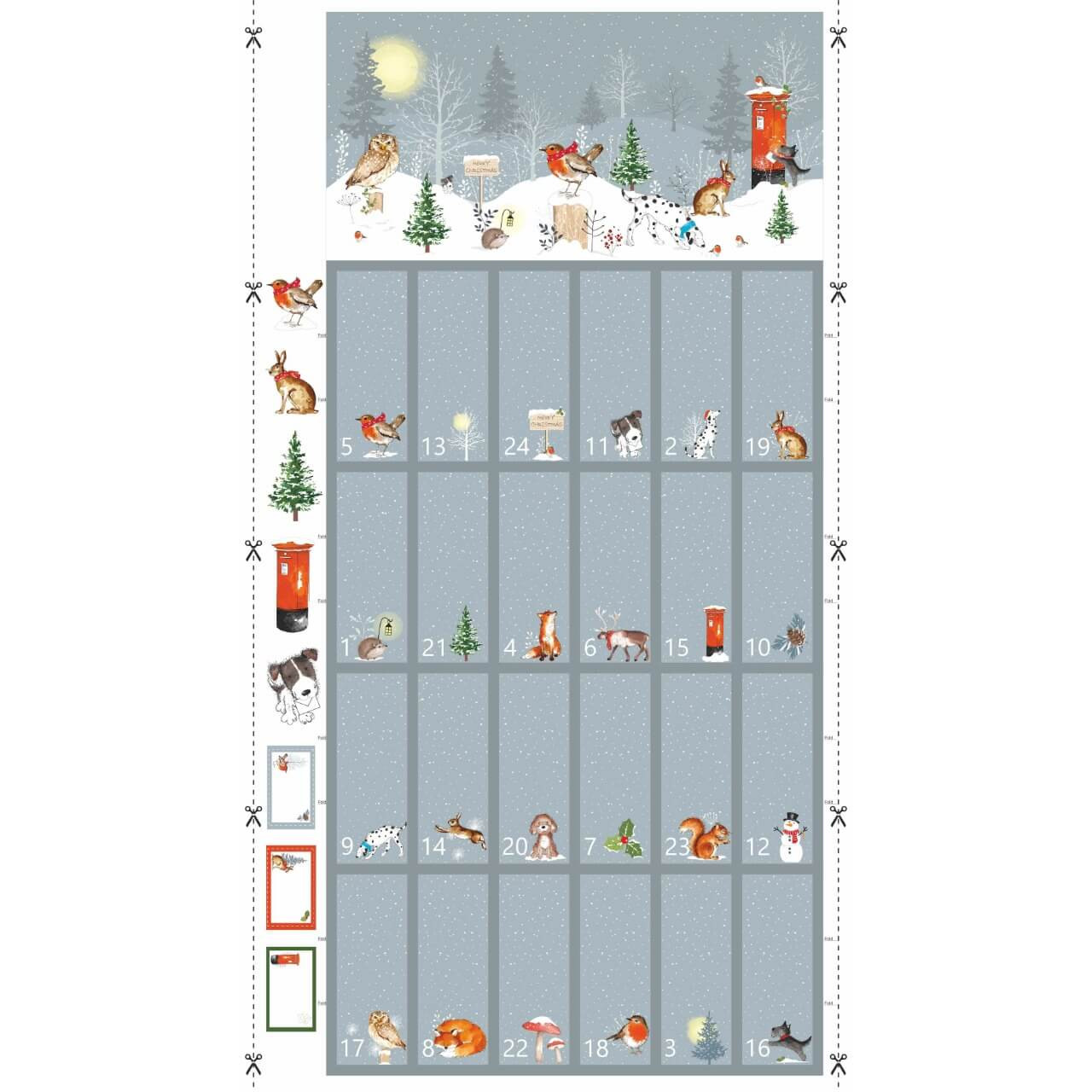 Woodland Advent calendar fabric panel by Nutex with moonlit snow, red post box, and forest animals like foxes, robins, and deer