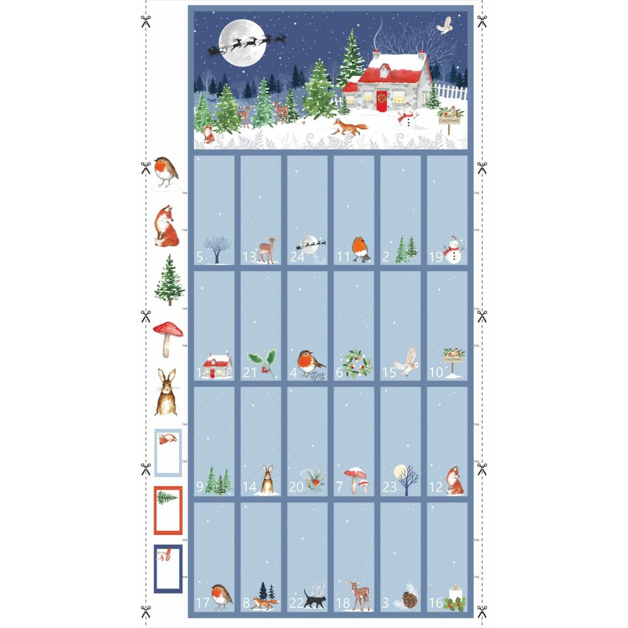 Christmas Advent Calendar fabric panel in blue with traditional cottage scene, Santa’s sleigh, woodland animals and 24 numbered pockets
