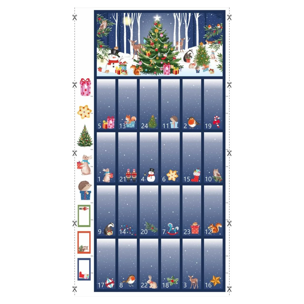 Woodland Advent Calendar fabric panel by Nutex showing the Christmas woodland scene, 24 numbered pocket sections, cutting lines and pieces for construction.