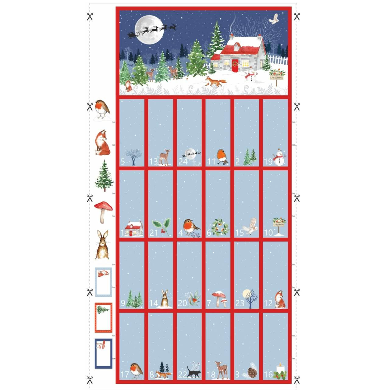 Christmas Advent Calendar fabric panel in red with traditional cottage scene, Santa’s sleigh, woodland animals and 24 numbered pockets