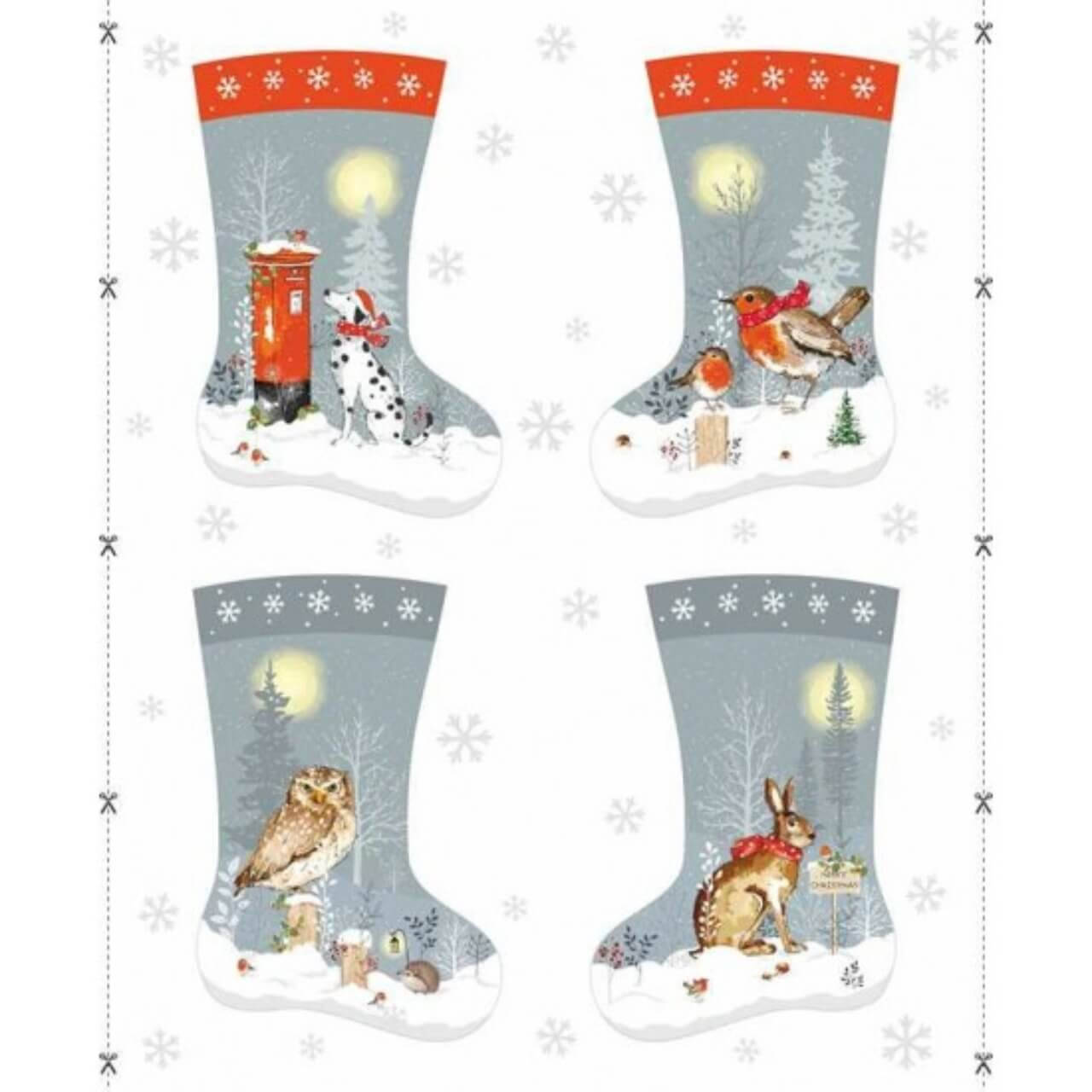Winter Moon Christmas stocking fabric panel with four stocking designs featuring robin, owl, hare, and Dalmatian under moonlight