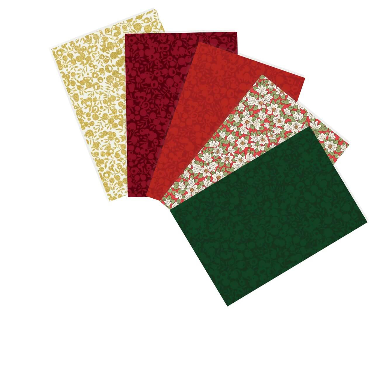 Cranberry Wreath fat quarter bundle featuring 5 festive Liberty cotton prints in red, green, and gold tones from the Festive Greetings Collection