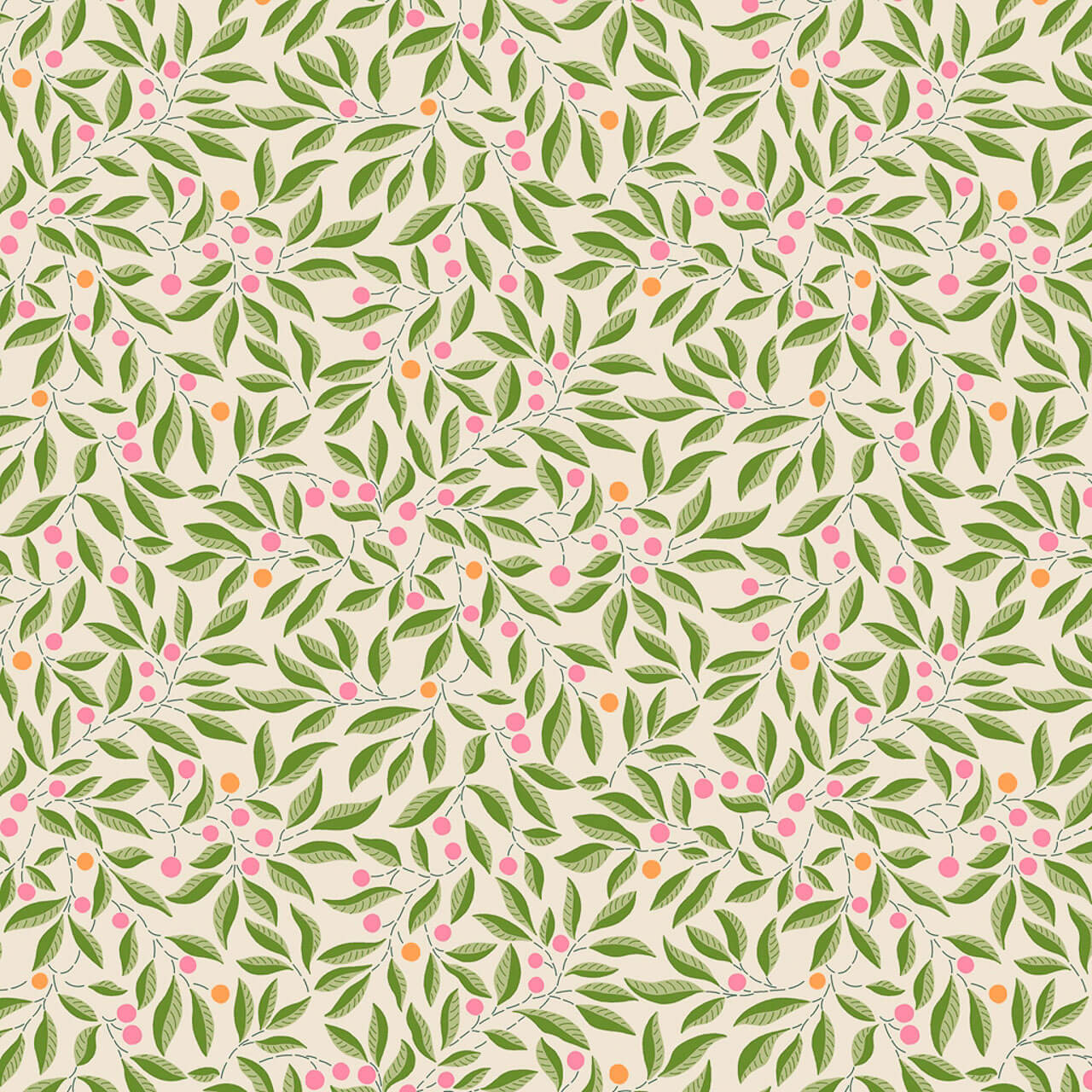 Botanical fabric with green leaves and pink-orange berries on ivory – Willow Stitch in Green from the Liberty Craft Garden collection Botanical fabric with green leaves and pink-orange berries on ivory – Willow Stitch in Green from the Liberty Craft Garden collection