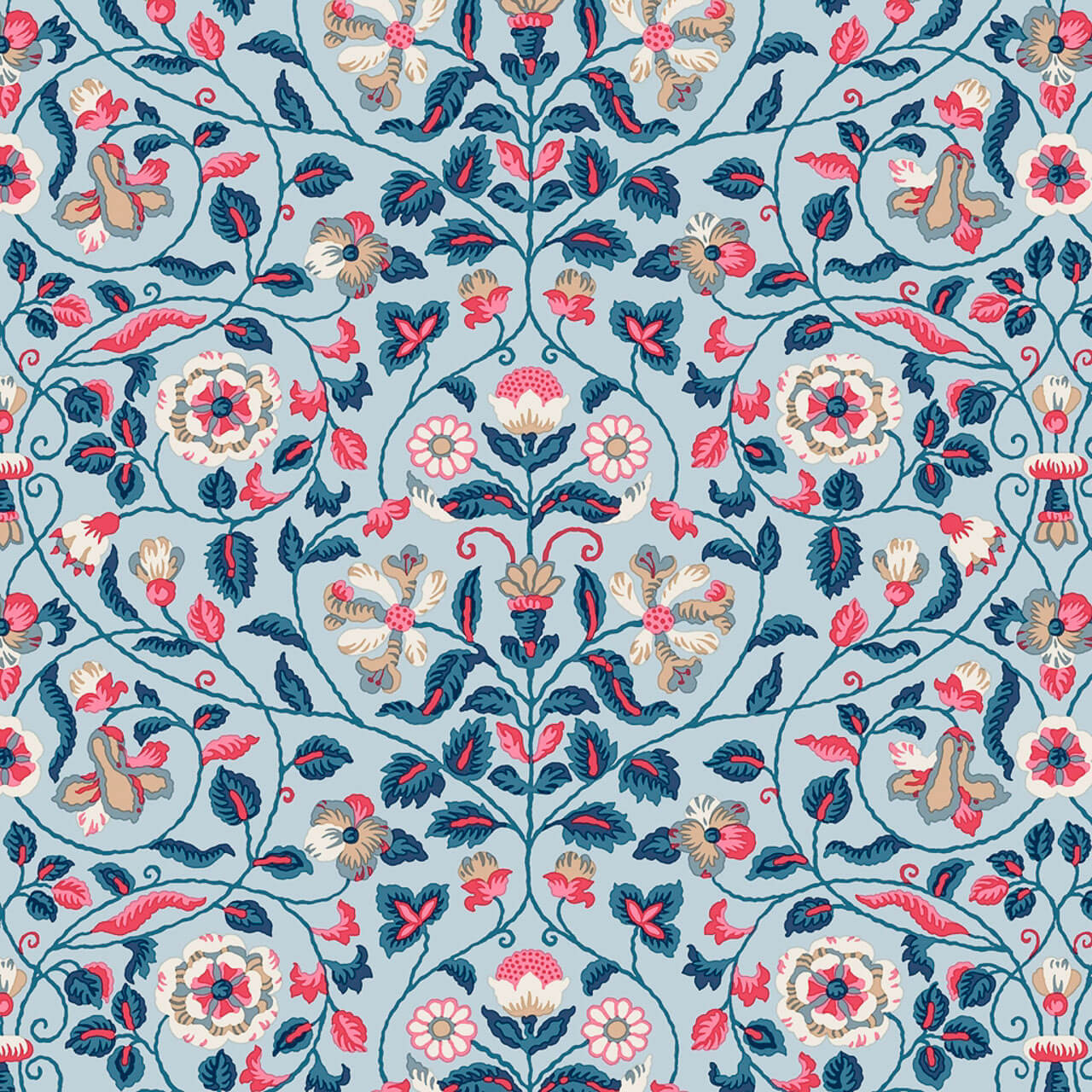 Traditional blue fabric with red, cream, and taupe floral tapestry motifs – Tapestry Trail in Blue from the Liberty Craft Garden collection