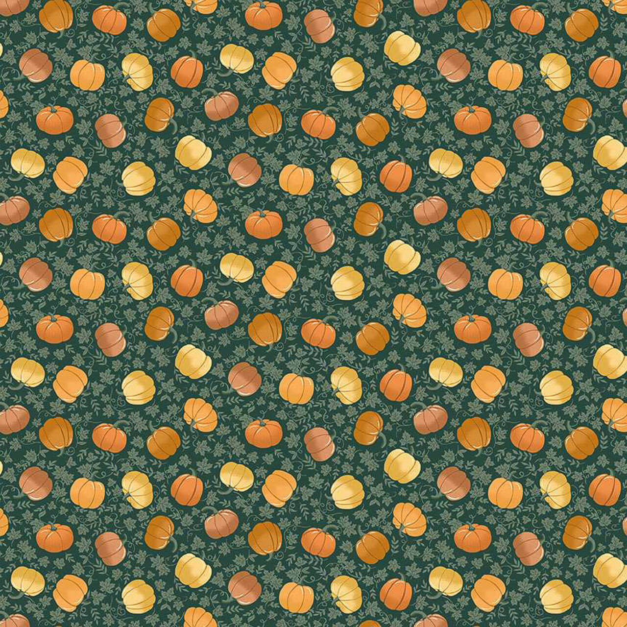 Alt: Pumpkin Spice Green fabric from Hello Autumn by Makower Fabrics showing scattered pumpkins in orange, gold, and brown with green vines on a rich green background.