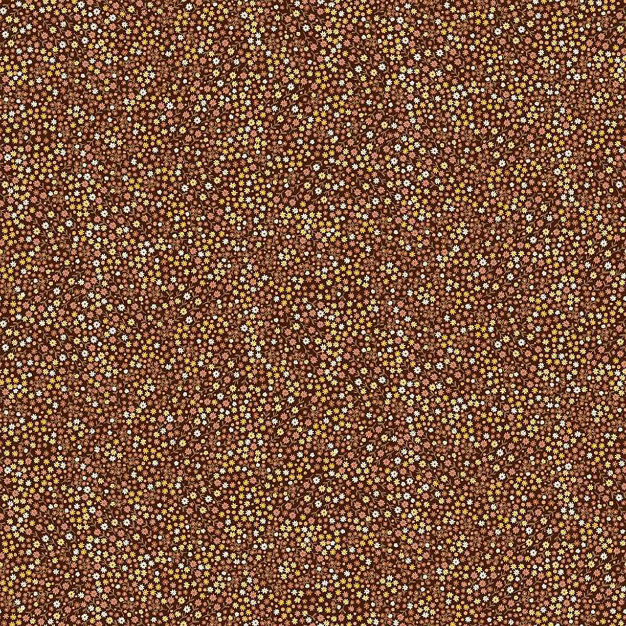 Alt: Mini Blooms Brown fabric from Hello Autumn by Makower Fabrics showing tiny scattered flowers in yellow, pink, ivory, and russet on a rich brown background.