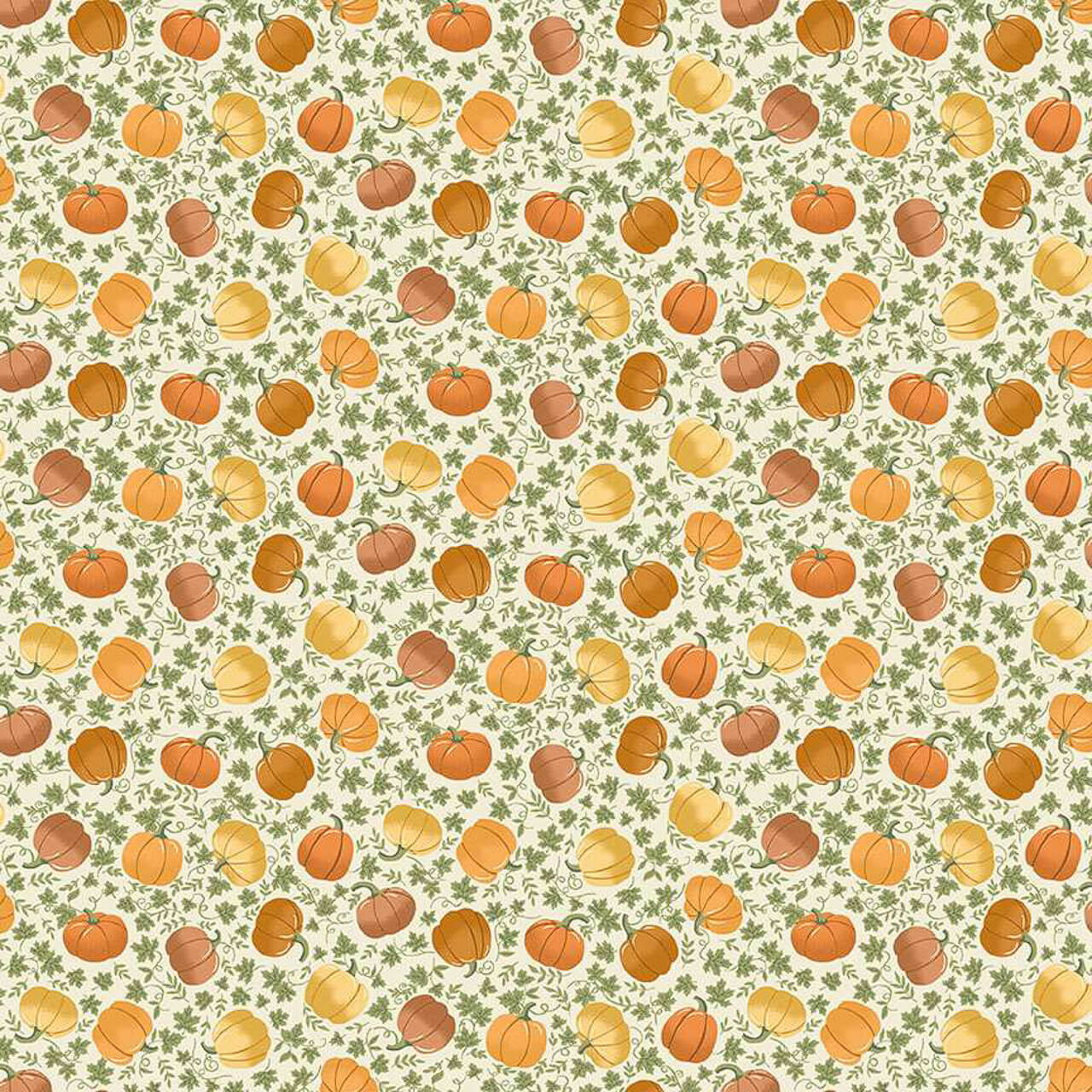 Alt: Pumpkin Spice Cream fabric from Hello Autumn by Makower Fabrics showing scattered pumpkins in orange, gold, and brown with green vines on a cream background.