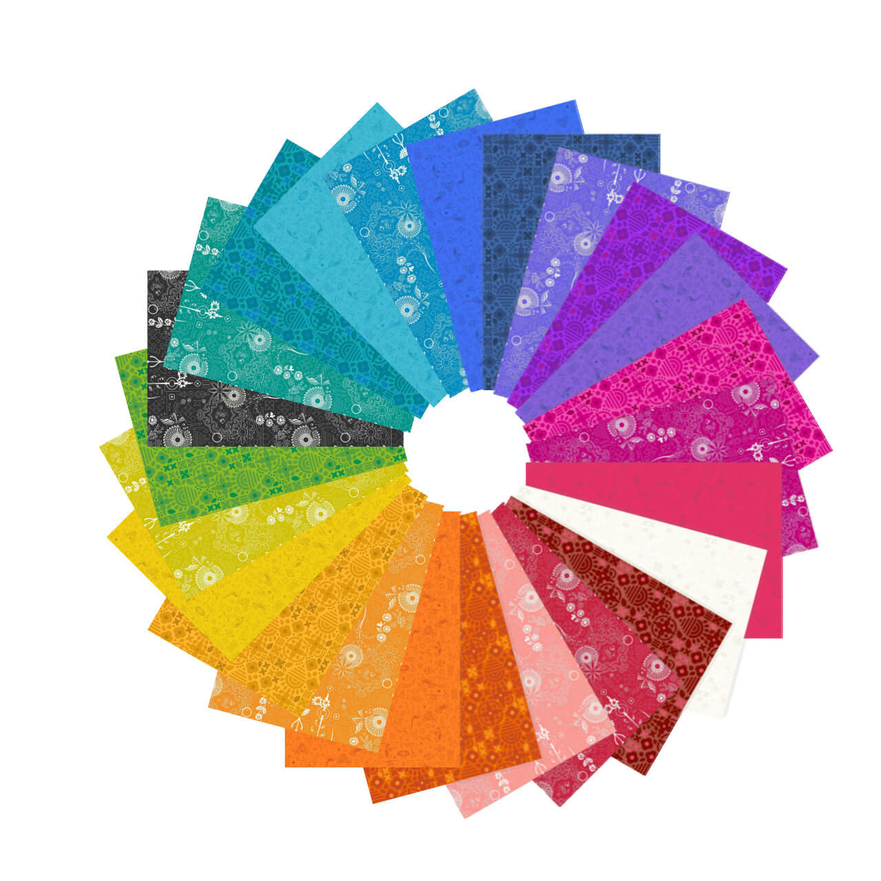A circular fan display of 27 fat quarters from the Sun Print 2025 collection by Alison Glass for Andover Fabrics, showcasing a full spectrum of colours and intricate patterns.