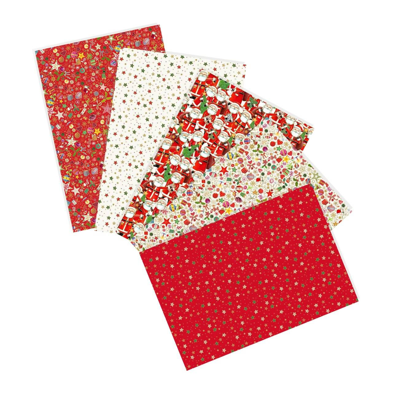 Fanned layout of five red and white Jolly St Nick Santa fat quarters by Makower UK with festive prints and gold accents