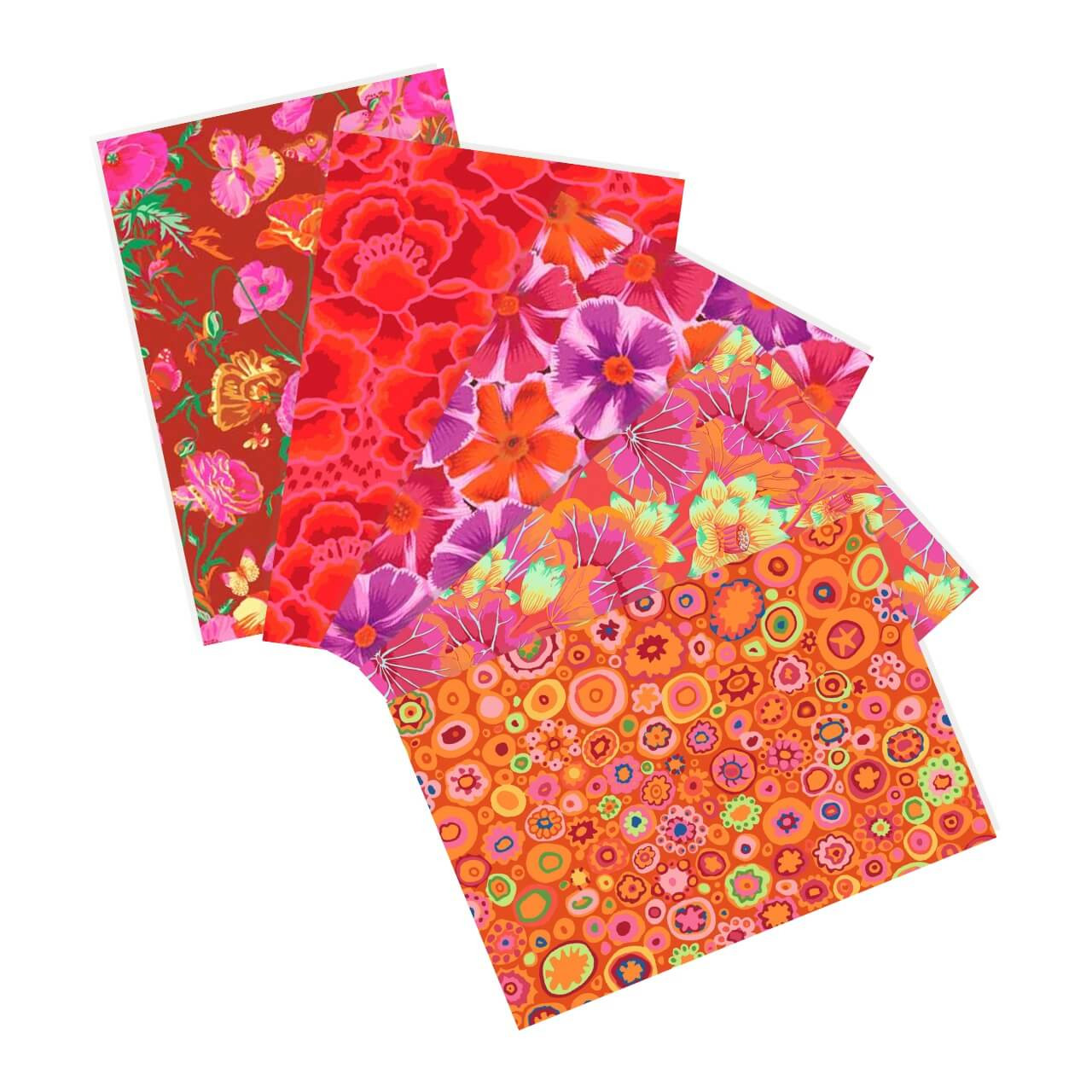 Free Spirit Fabrics Festival Florals fat quarter bundle, Kaffe Fassett Collective Classics Plus, 5 fabrics in red, orange, magenta, floral and geometric designs Free Spirit Fabrics Festival Florals fat quarter bundle, Kaffe Fassett Collective Classics Plus, 5 fabrics in red, orange, magenta, floral and geometric designs