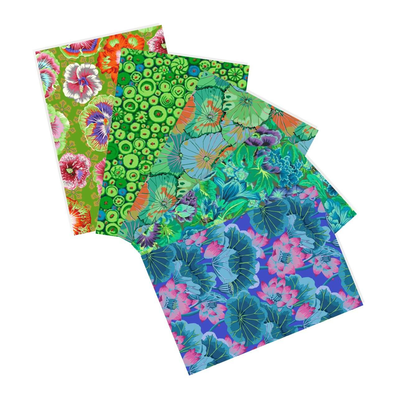 Free Spirit Fabrics Mystic Lagoon fat quarter bundle, Kaffe Fassett Collective Classics Plus, 5 fabrics in teal, emerald, pink, blue, floral and geometric designs Free Spirit Fabrics Mystic Lagoon fat quarter bundle, Kaffe Fassett Collective Classics Plus, 5 fabrics in teal, emerald, pink, blue, floral and geometric designs