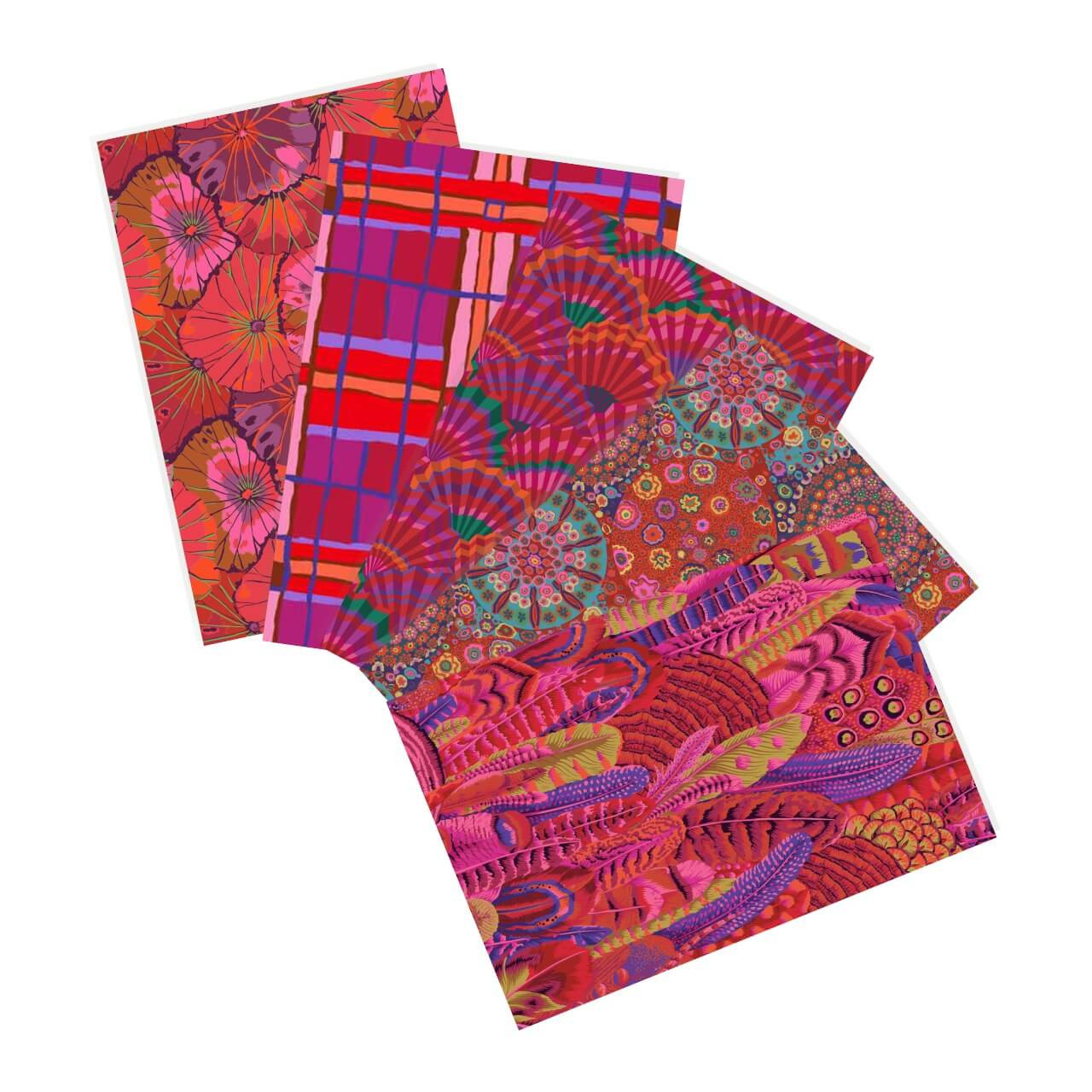 Free Spirit Fabrics Bohemian Blaze fat quarter bundle, Kaffe Fassett Collective Classics Plus, 5 fabrics in red, pink, orange, floral, feather and geometric prints Free Spirit Fabrics Bohemian Blaze fat quarter bundle, Kaffe Fassett Collective Classics Plus, 5 fabrics in red, pink, orange, floral, feather and geometric prints
