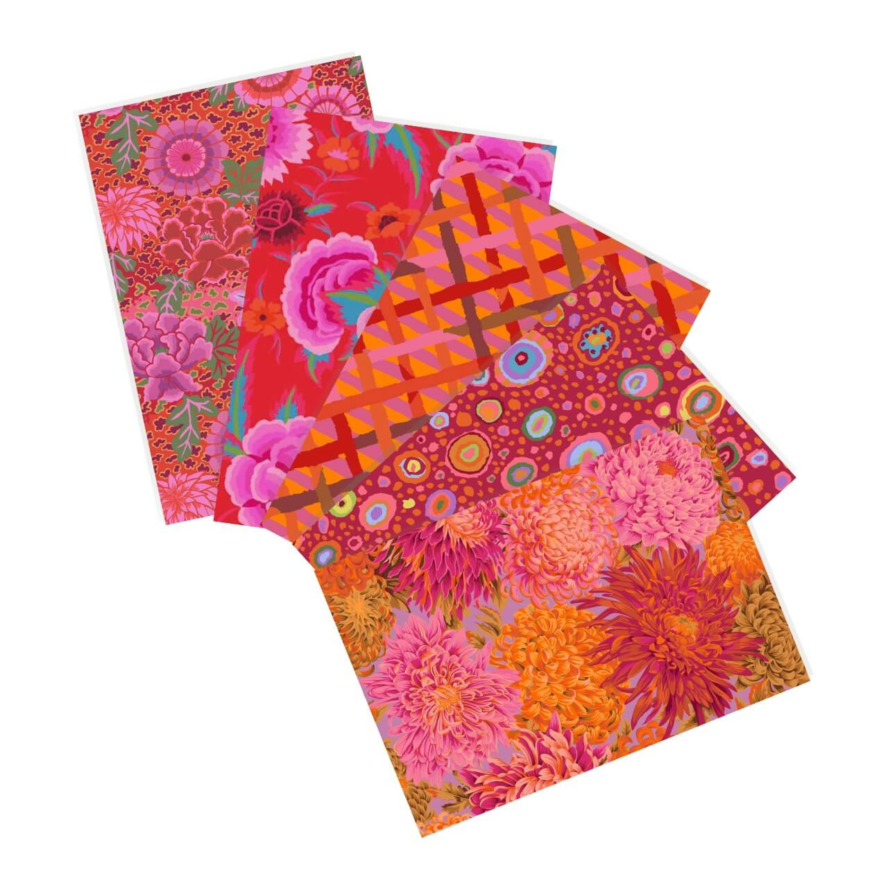 Free Spirit Fabrics Firegarden fat quarter bundle, Kaffe Fassett Collective Classics Plus, 5 fabrics in red, orange, magenta, floral and geometric prints Free Spirit Fabrics Firegarden fat quarter bundle, Kaffe Fassett Collective Classics Plus, 5 fabrics in red, orange, magenta, floral and geometric prints