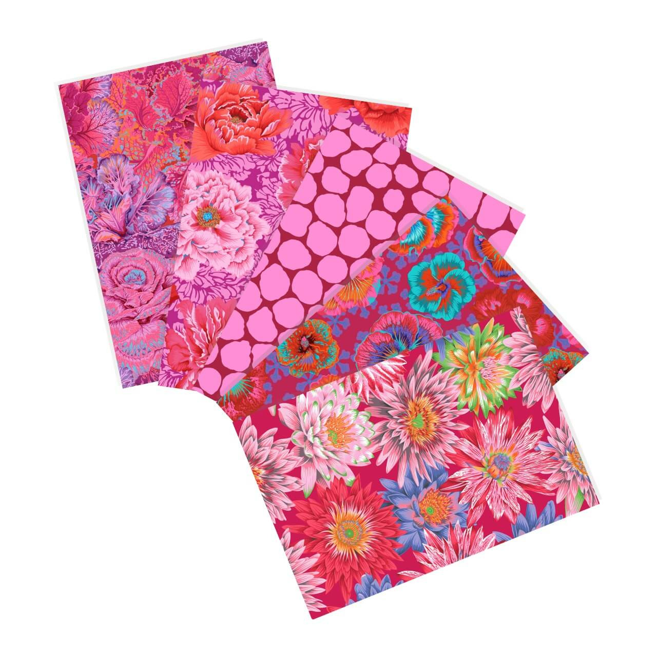 Free Spirit Fabrics Fuchsia Fireworks fat quarter bundle, Kaffe Fassett Collective Classics Plus, 5 fabrics in fuchsia, magenta, pink, turquoise, floral and geometric prints Free Spirit Fabrics Fuchsia Fireworks fat quarter bundle, Kaffe Fassett Collective Classics Plus, 5 fabrics in fuchsia, magenta, pink, turquoise, floral and geometric prints