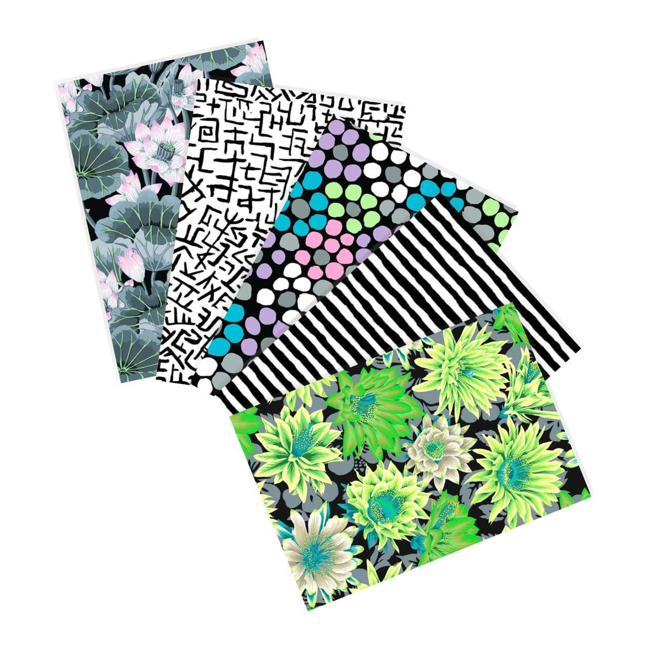 Free Spirit Fabrics Urban Eden fat quarter bundle, Kaffe Fassett Collective Classics Plus, 5 fabrics in black, white, lime green, turquoise, floral and geometric prints Free Spirit Fabrics Urban Eden fat quarter bundle, Kaffe Fassett Collective Classics Plus, 5 fabrics in black, white, lime green, turquoise, floral and geometric prints