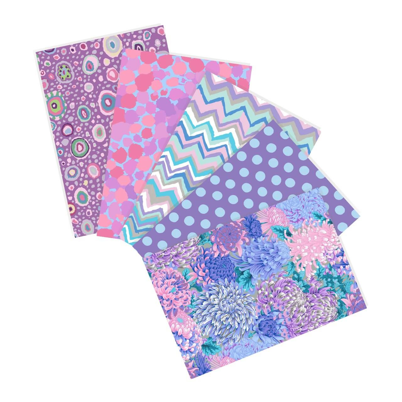 Free Spirit Fabrics Whimsical Violet fat quarter bundle, Kaffe Fassett Collective Classics Plus, 5 fabrics in violet, lilac, lavender, aqua, floral and geometric prints Free Spirit Fabrics Whimsical Violet fat quarter bundle, Kaffe Fassett Collective Classics Plus, 5 fabrics in violet, lilac, lavender, aqua, floral and geometric prints