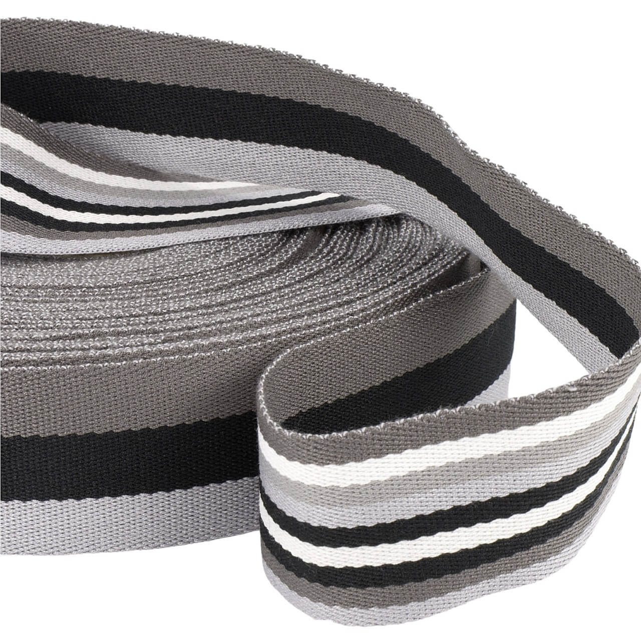 40mm polyester webbing, black/grey/white double-sided, sold by the metre. Reversible monochrome 1.5" polyester webbing for bag straps
