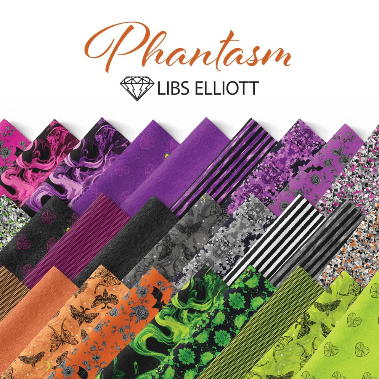 Phantasm by Libs Elliott fabric selection fanned out showing neon brights with noir motifs—stripes, marble swirls, bats, butterflies and splatter textures.