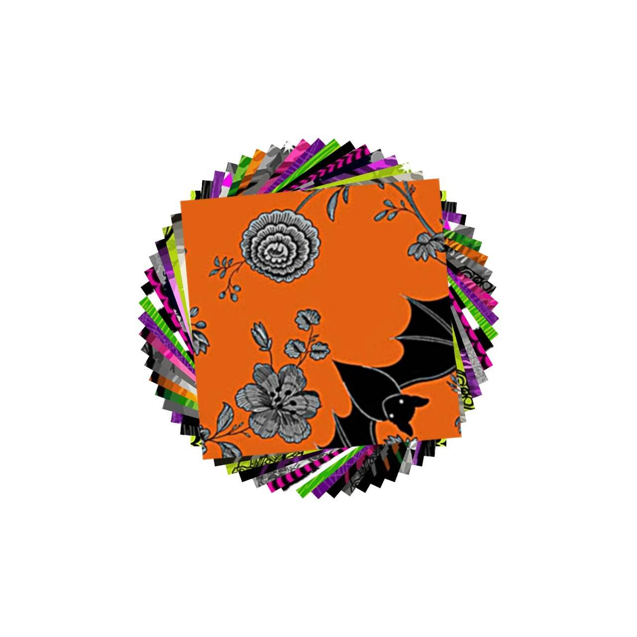 Phantasm 5" charm pack by Libs Elliott for Andover Fabrics – stack of assorted prints; top square orange with black bat and grey florals.
