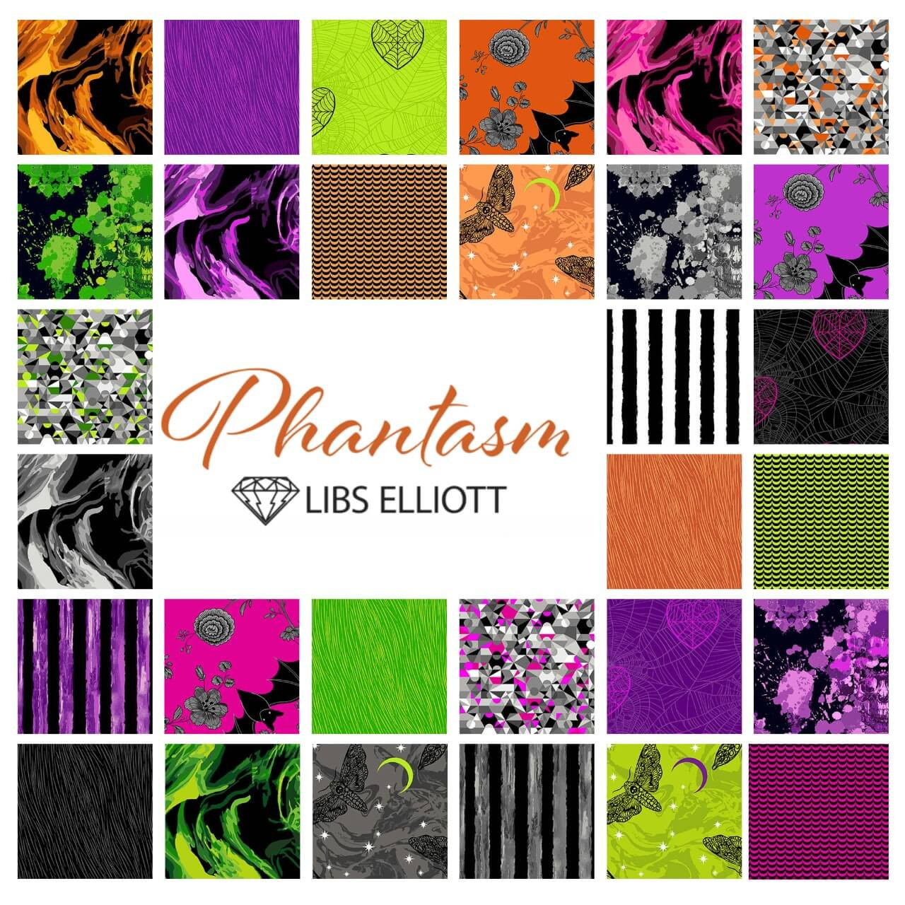 Phantasm 10" charm pack by Libs Elliott for Andover Fabrics – stack of assorted prints; top square orange with black bat and grey florals.