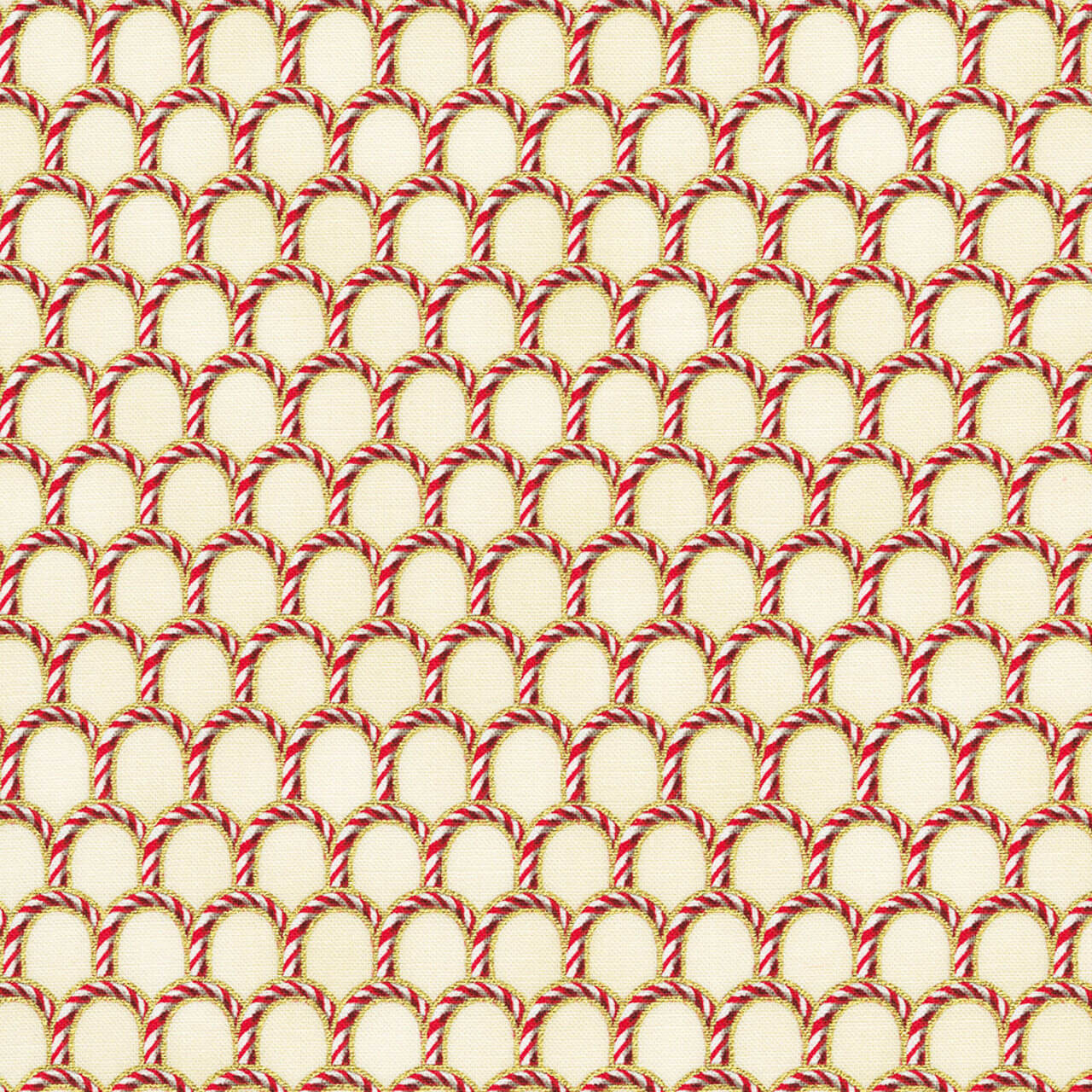 Robert Kaufman Fabrics Peppermint Twist “Candy Cane Vanilla” — vanilla/cream ground with red candy cane scallops and fine gold metallic accents.