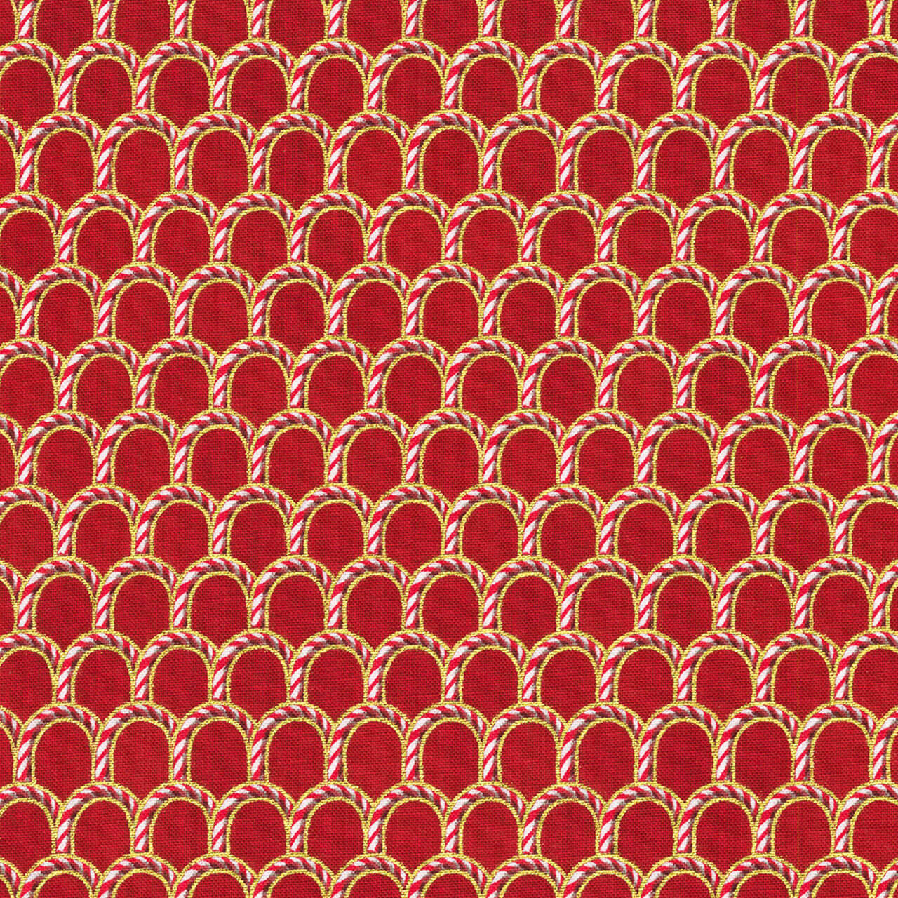 Robert Kaufman Fabrics Peppermint Twist “Candy Cane Crimson” — crimson/red ground with candy cane scallops and fine gold metallic accents.