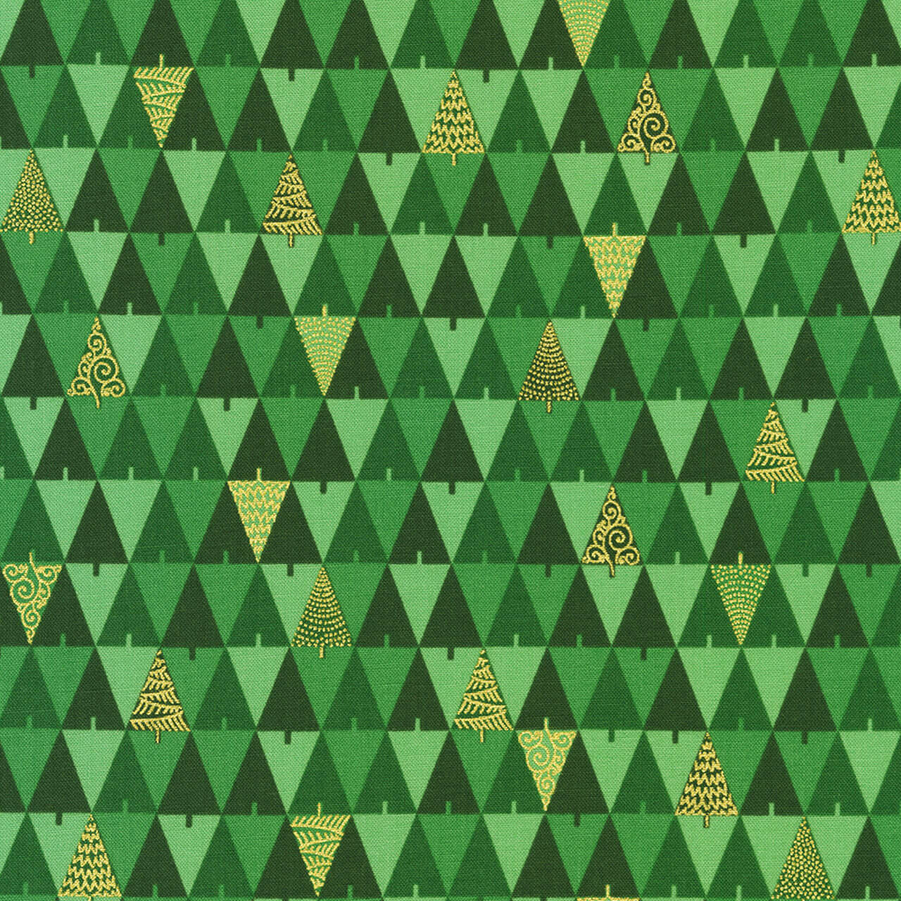 Robert Kaufman Fabrics Peppermint Twist “Geo Trees Holly” — holly and pine green geometric triangles with scattered metallic gold Christmas tree icons.