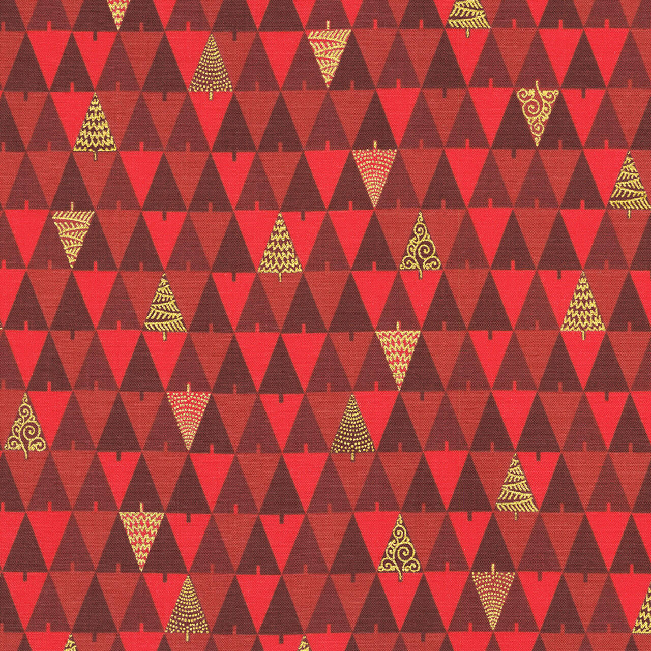 Robert Kaufman Fabrics Peppermint Twist “Geo Trees Crimson” — crimson and wine red geometric triangles with scattered metallic gold Christmas tree motifs.