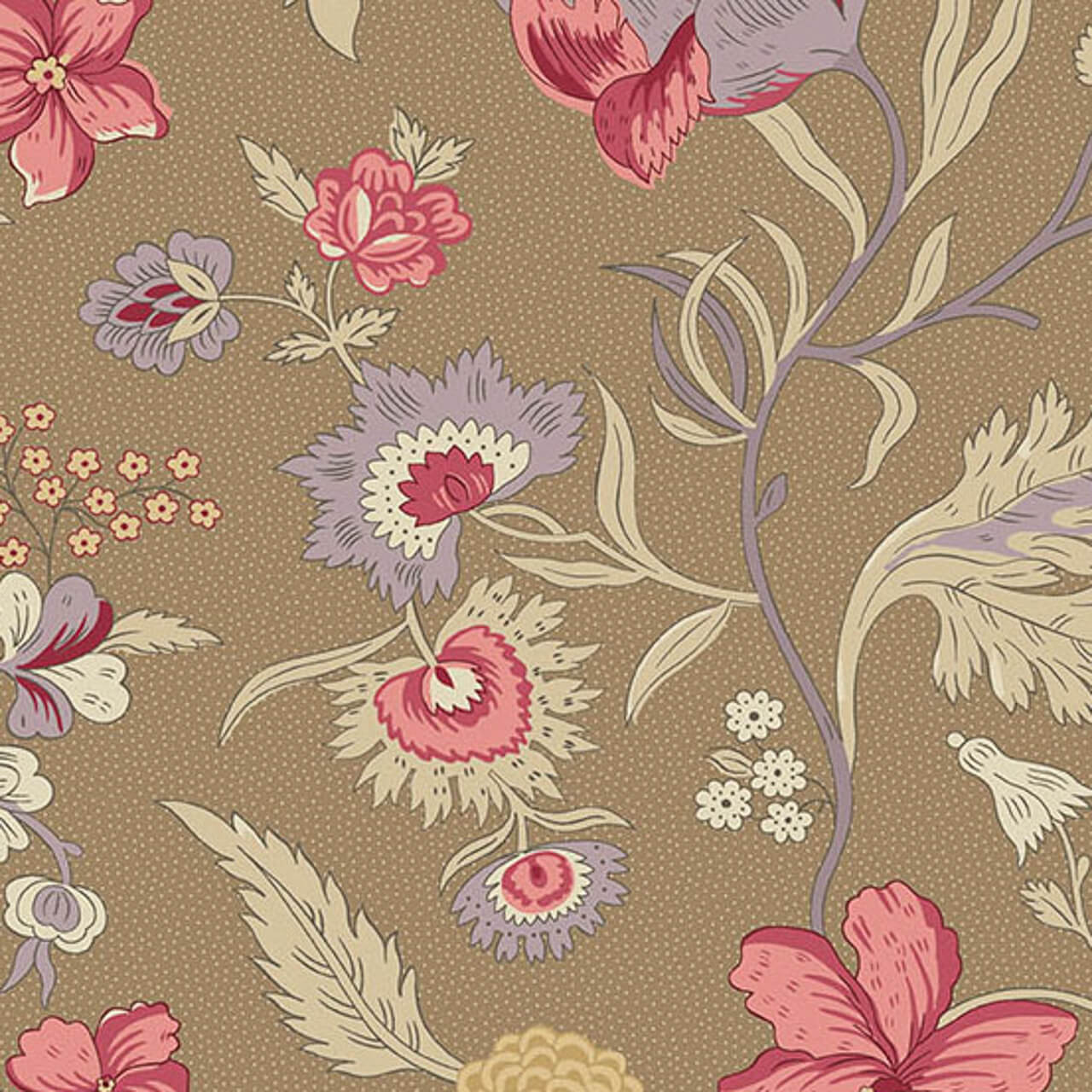 Andover Fabrics Wildflower Cottage Wildflowers Toffee—toffee brown with pink, lavender and sage vintage wildflower motif cotton print. Andover Fabrics Wildflower Cottage Wildflowers Toffee—toffee brown with pink, lavender and sage vintage wildflower motif cotton print.