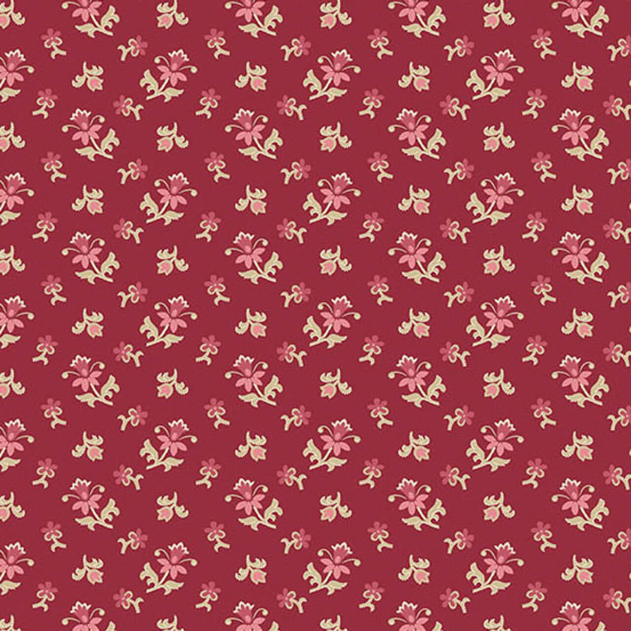 Andover Fabrics Wildflower Cottage Scatter Garden Crimson—crimson red with pink, buttercream and taupe ditsy floral sprigs cotton print. Andover Fabrics Wildflower Cottage Scatter Garden Crimson—crimson red with pink, buttercream and taupe ditsy floral sprigs cotton print.