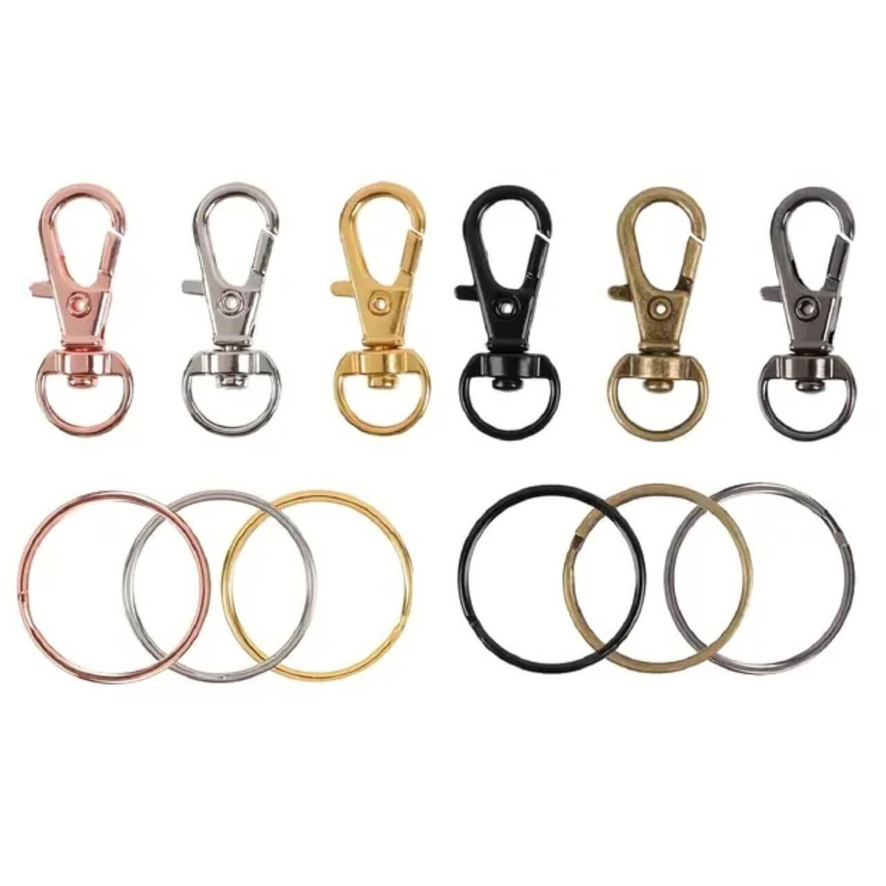 Keyring clips with 25 mm split rings in rose, silver, gold, black, bronze and antique silver.
