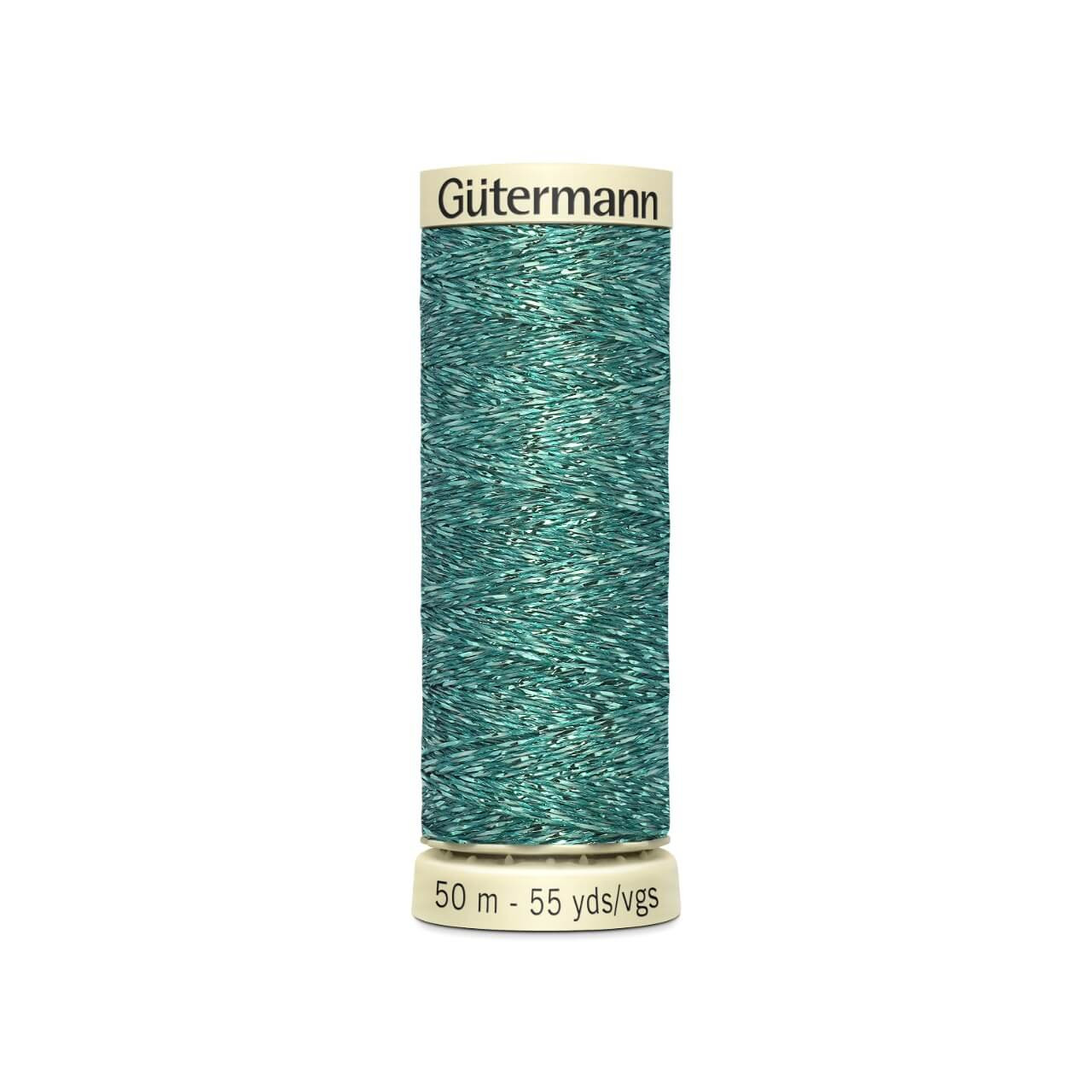 Gütermann Turquoise Metallic Effect Thread spool with subtle shimmer.