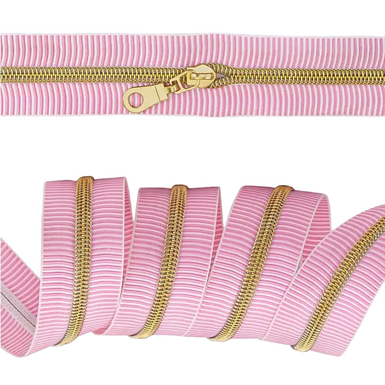 Close-up of gold coil on Pink Stripe tape with teardrop pull attached