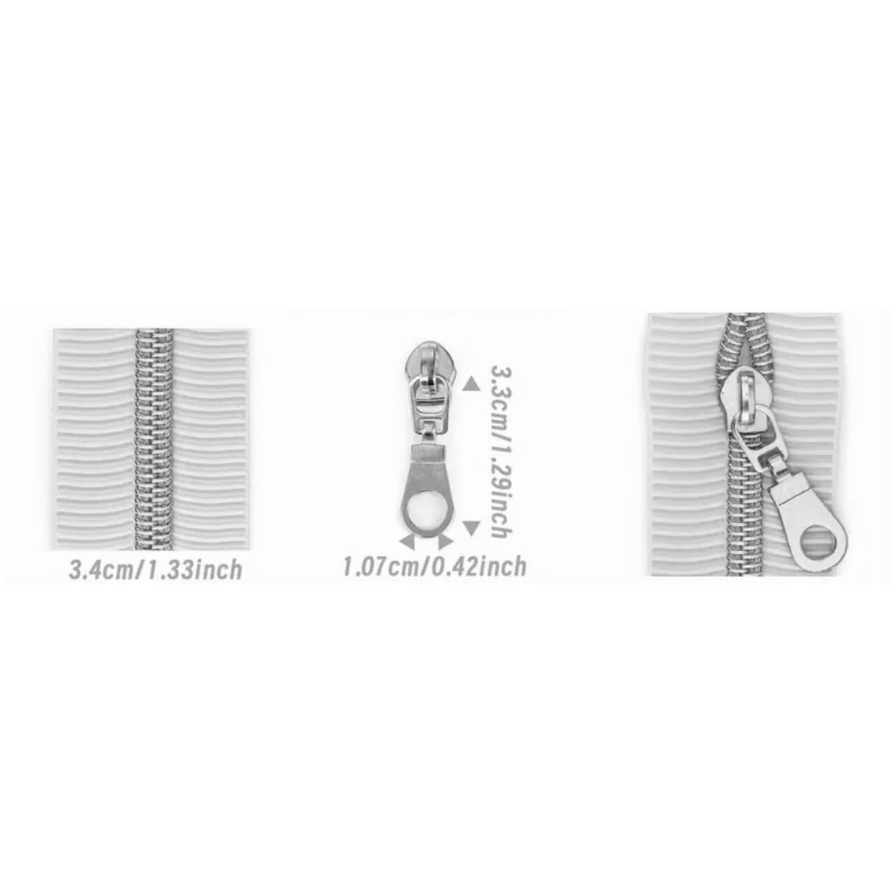 Size 5 continuous zipper tape with silver coil—dimension diagram showing tape width and #5 slider size.