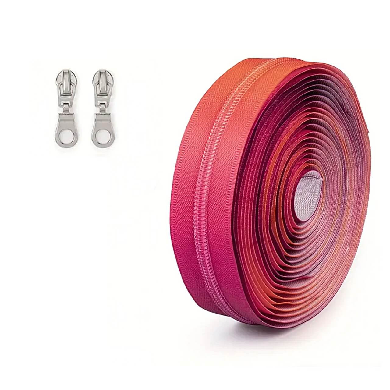 Close-up of orange-to-burgundy ombré coil on matching tape with #5 pull