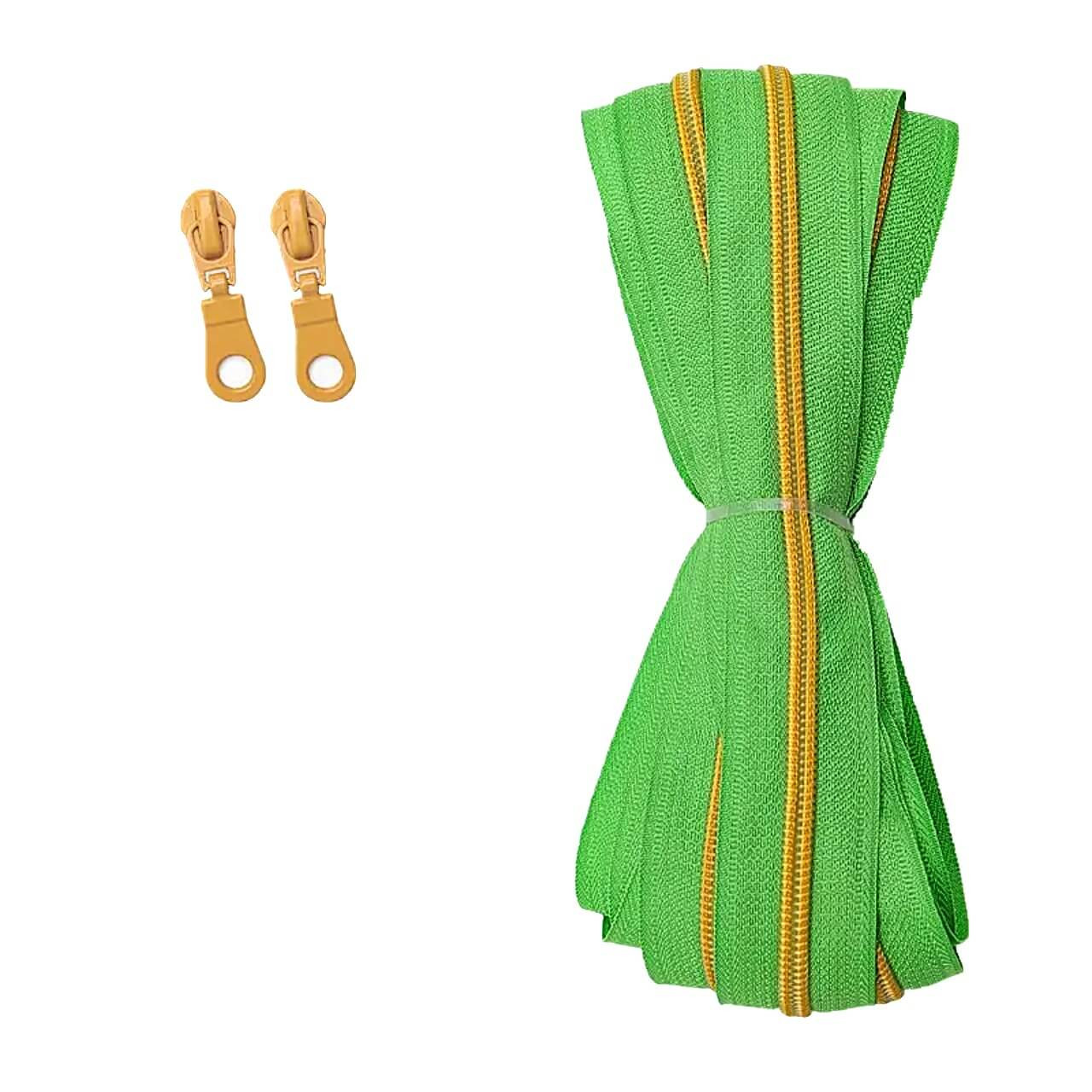 Bundle of green zipper tape with yellow teeth, sold by the half metre