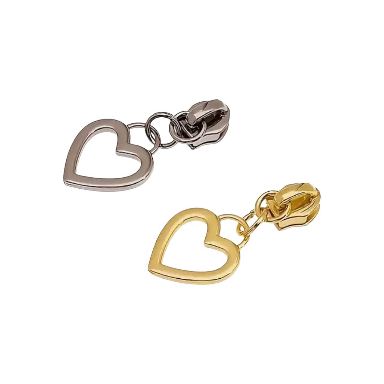 Silver and gold open heart zip pulls for #5 nylon zips with smooth polished finish.