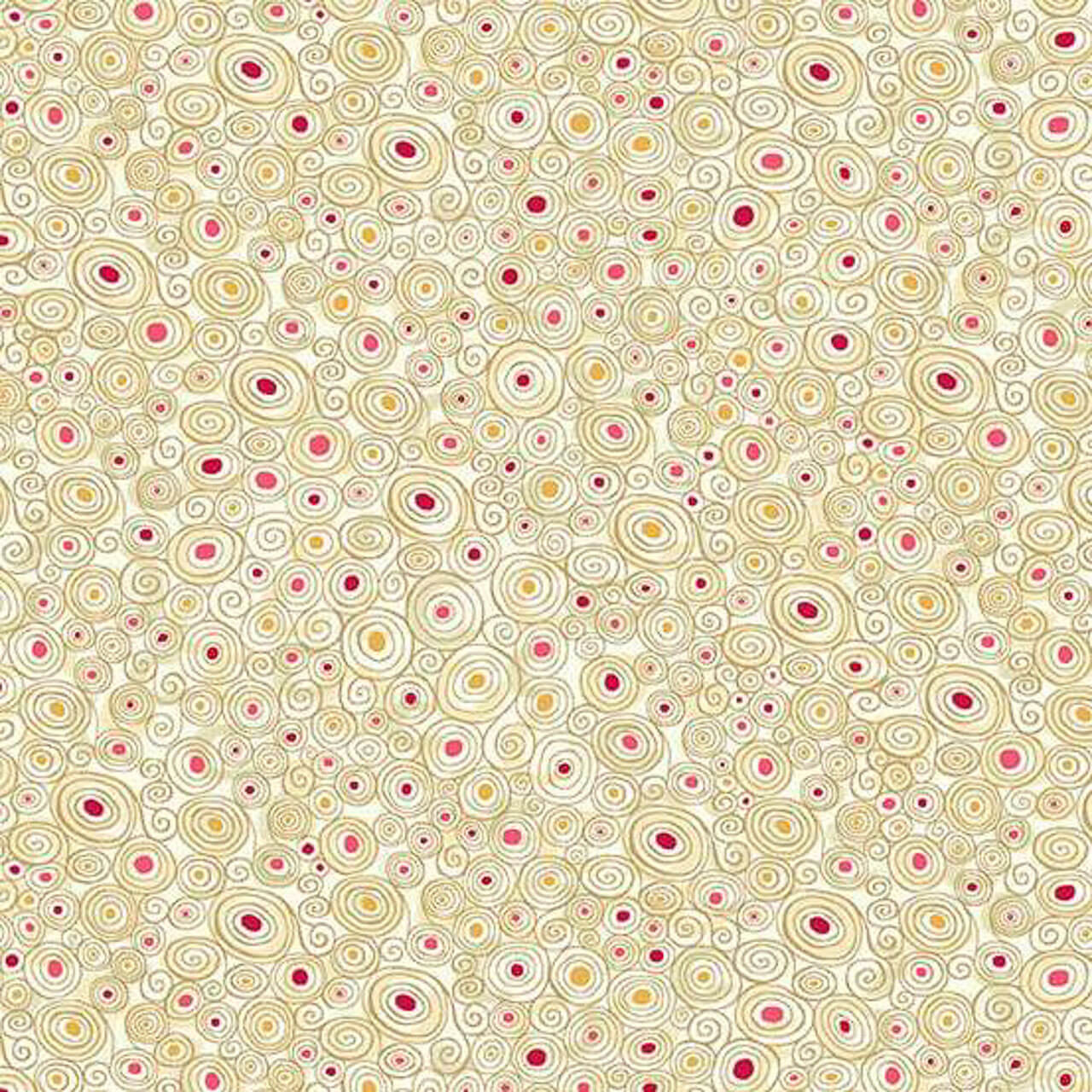 Scroll Cream fabric from the Golden Collection by Makower UK – cream cotton print with gold-outlined spirals and pink accents.