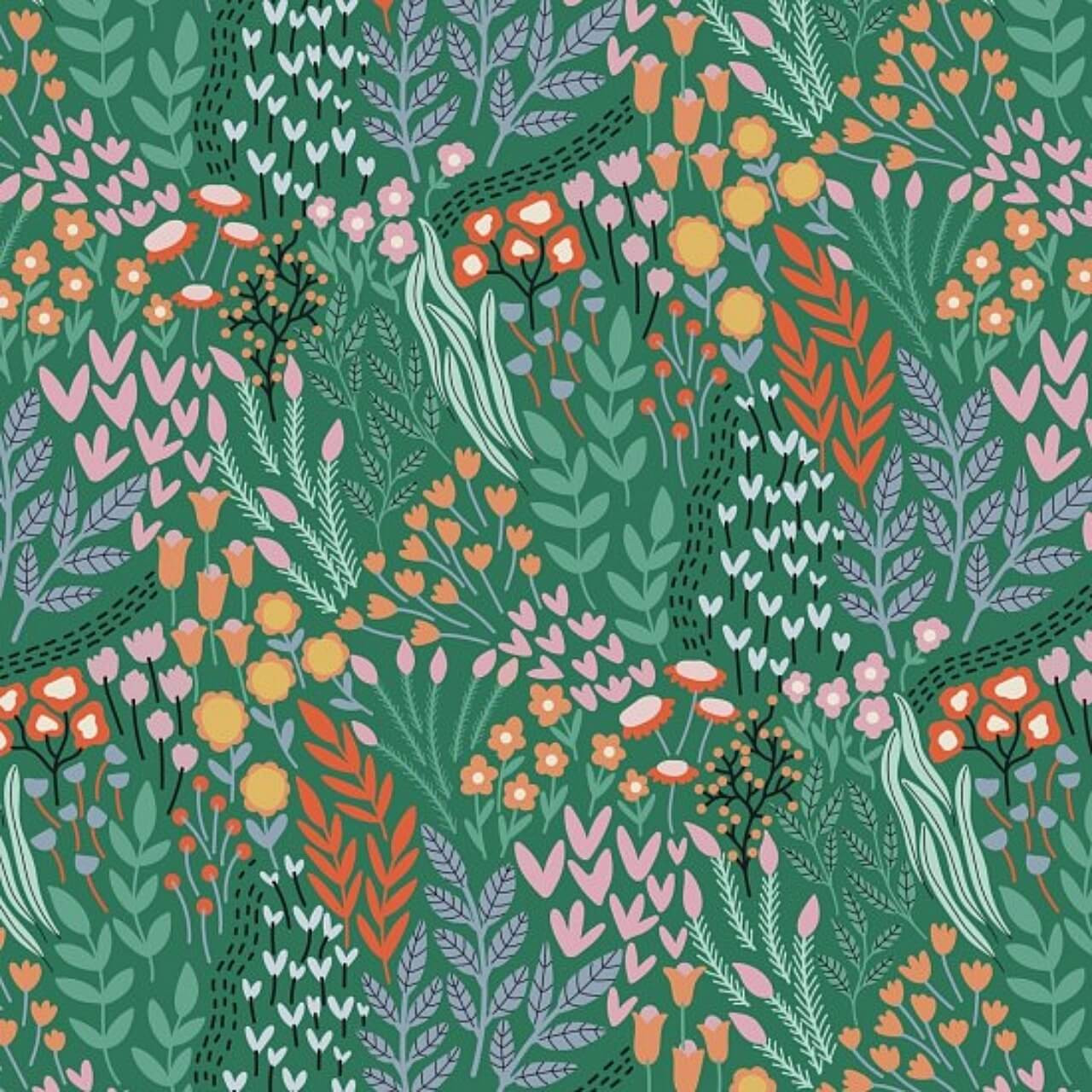 Nutex Bohemian Blooms collection fabric Field of Flowers with multicolour floral and foliage motifs on a green cotton background