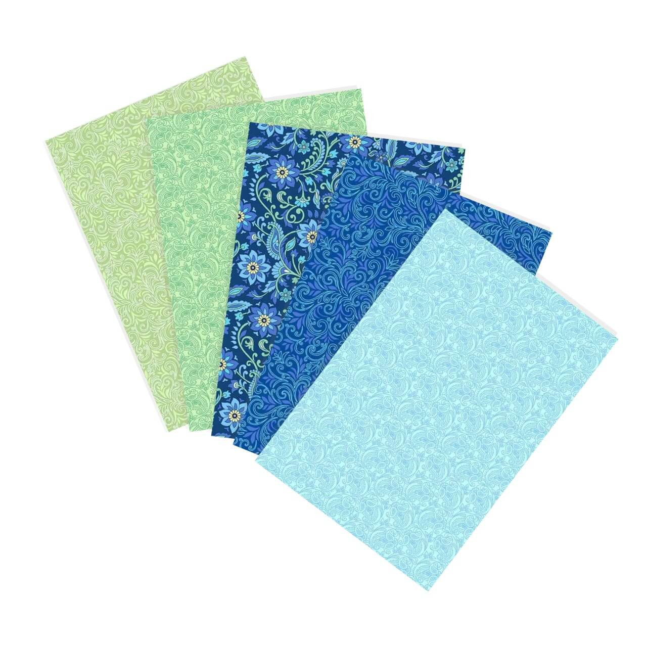 Mint & Tides fat quarter bundle featuring mint green and blue quilting cottons with flowing patterns fanned out