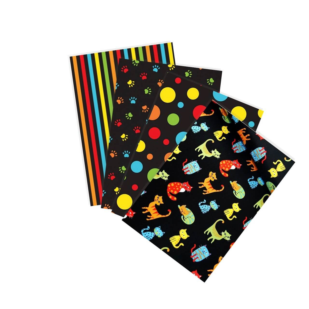 Happy Paws fat quarter bundle featuring colourful cat and paw print quilting cottons on a black background fanned out