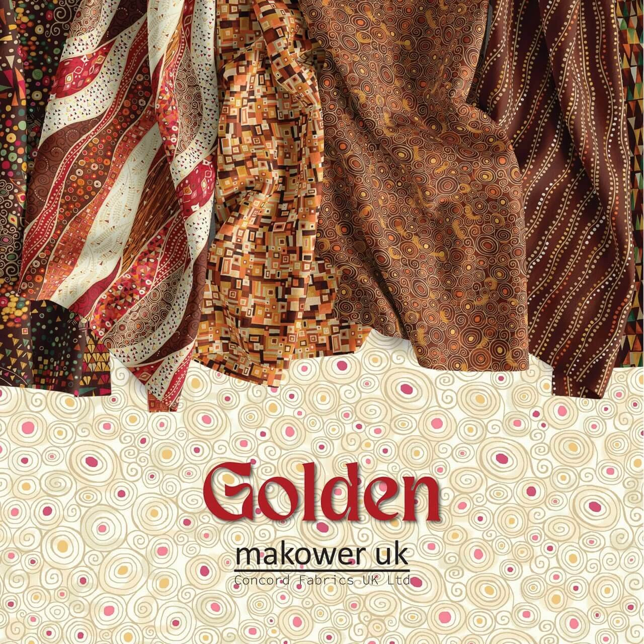 Golden fabric collection promotional image showing selected fabrics from the collection draped over a textured background