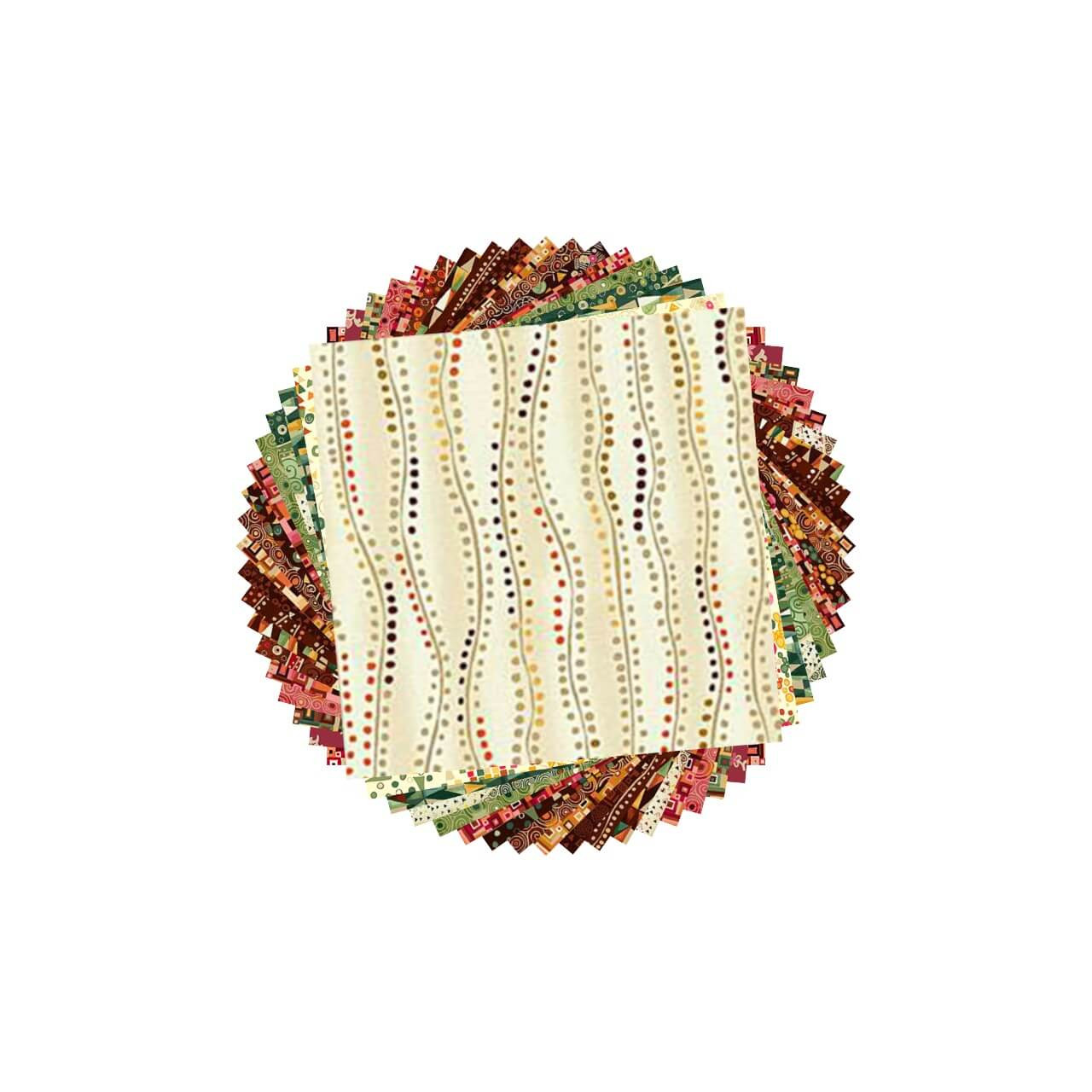 Makower UK Golden Collection 5" charm pack showing layered squares in warm yellow, cream, green, red, and brown geometric and textured prints arranged in a circular stack.