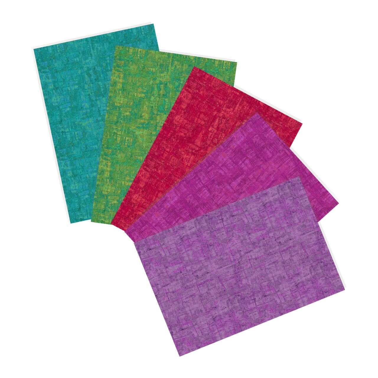 Nitty Gritty fat quarter bundle showing five textured blender cotton fabrics in coordinating jewel tones, studio cut to 20 x 22 inches