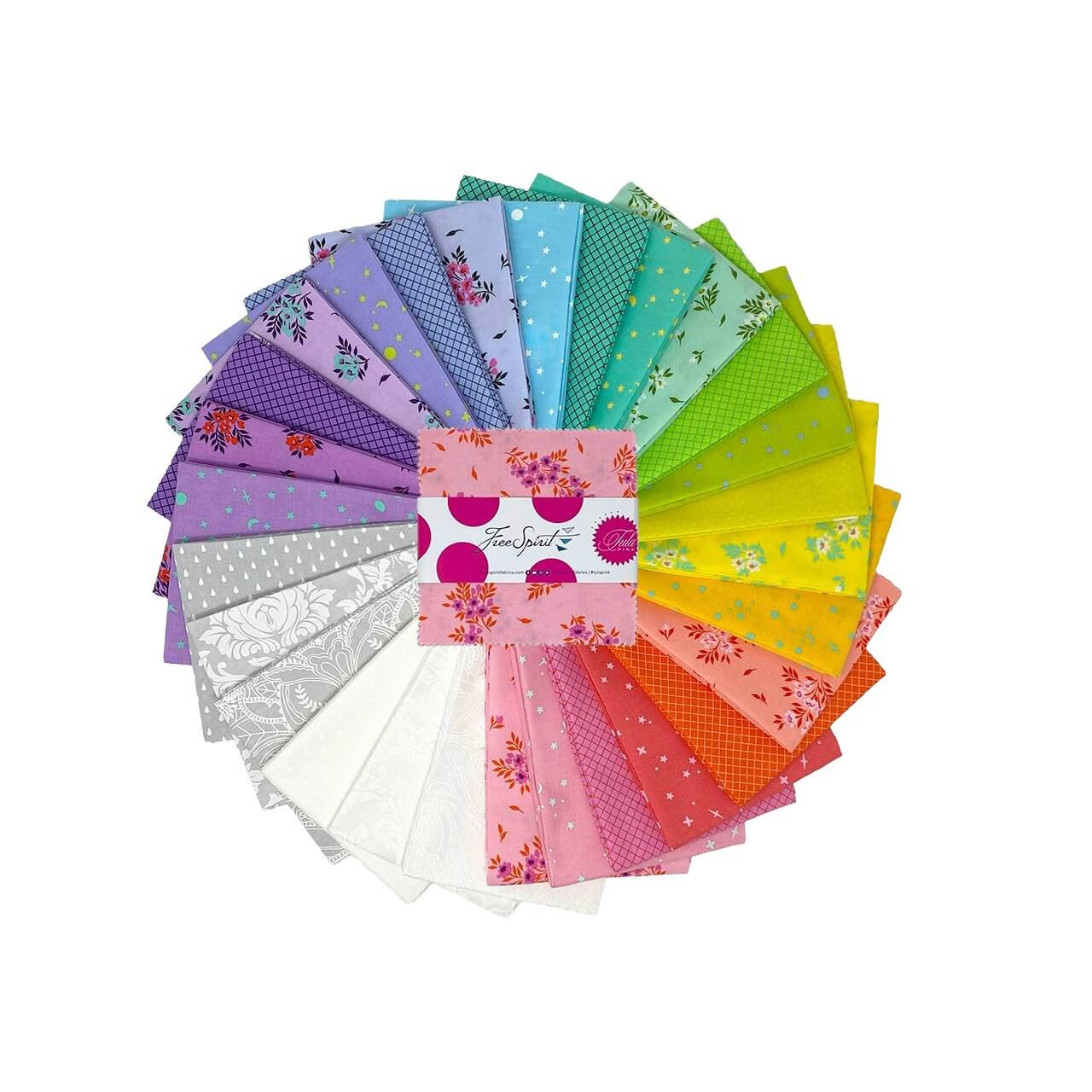 Tula Pink True Colors charm pack by Free Spirit Fabrics, bright rainbow colours with dots, florals and geometric blenders.