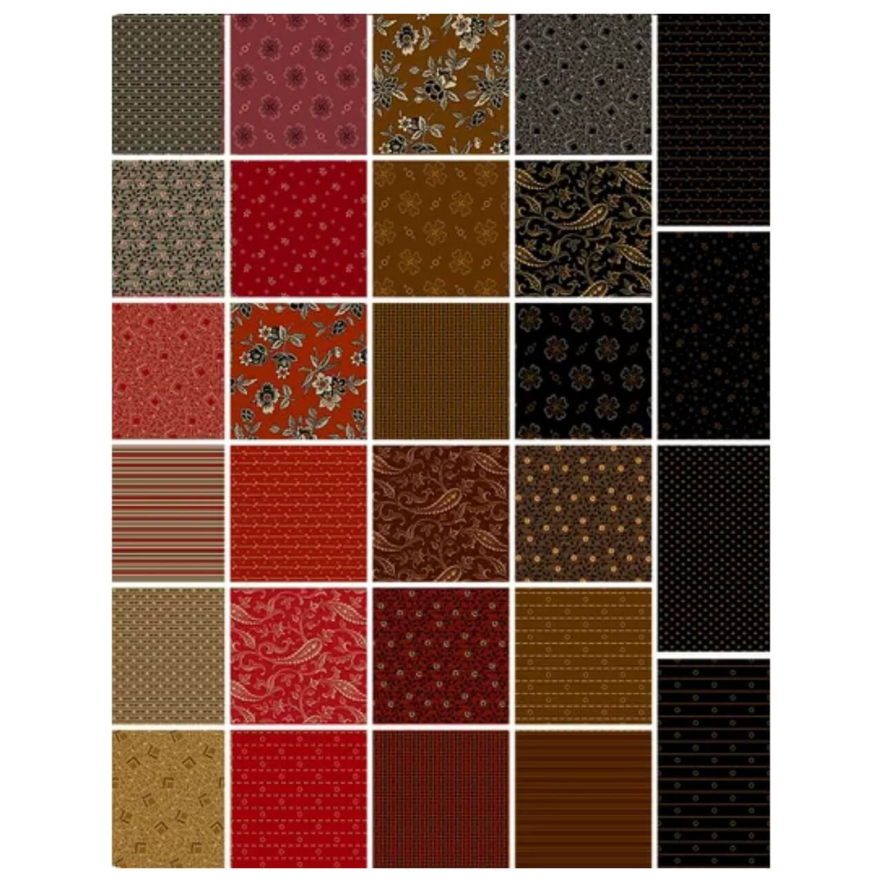 Jo Morton Bridgeport fabric samples by Andover Fabrics, heritage quilting cottons with stripes, paisleys and geometric motifs.