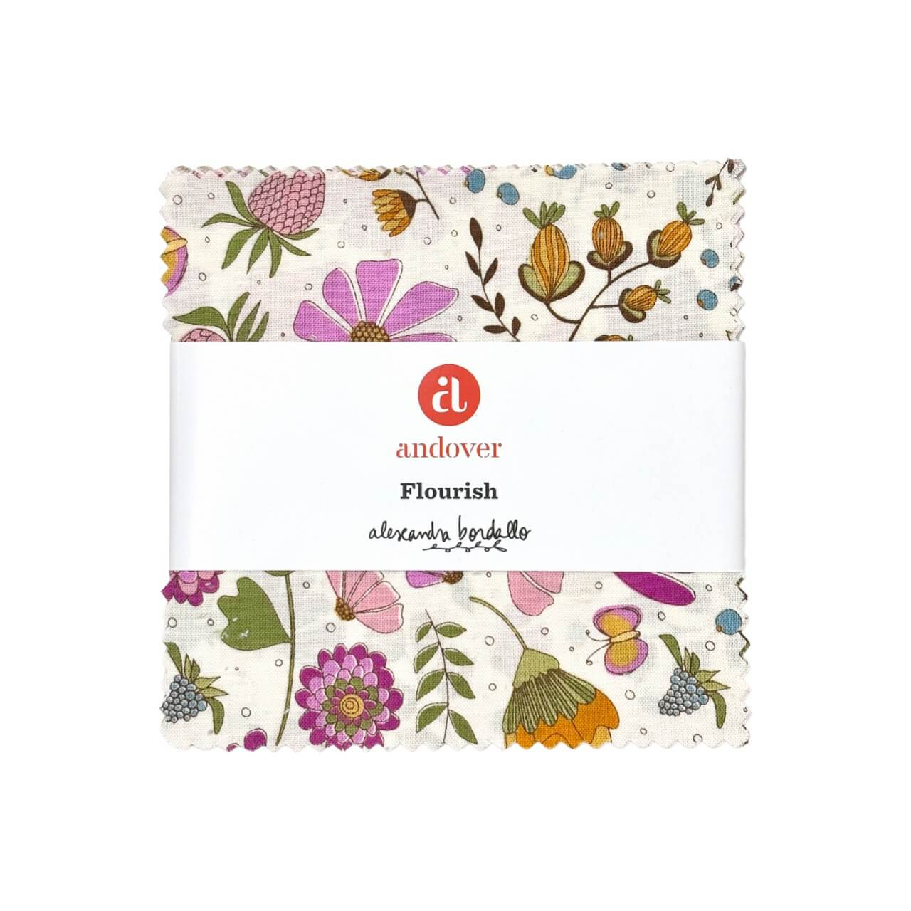 Alexandra Bordallo Flourish charm squares by Andover Fabrics, floral and botanical quilting cotton in soft blues, pinks, greens and cream.