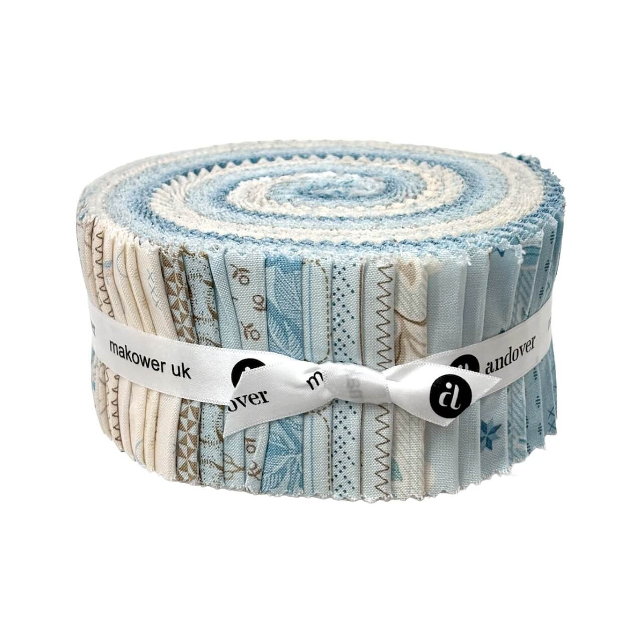 Sewing Bird 2.5 inch strip roll by Laundry Basket Quilts for Andover Fabrics, blue and cream quilting cotton strips with florals and small-scale prints.